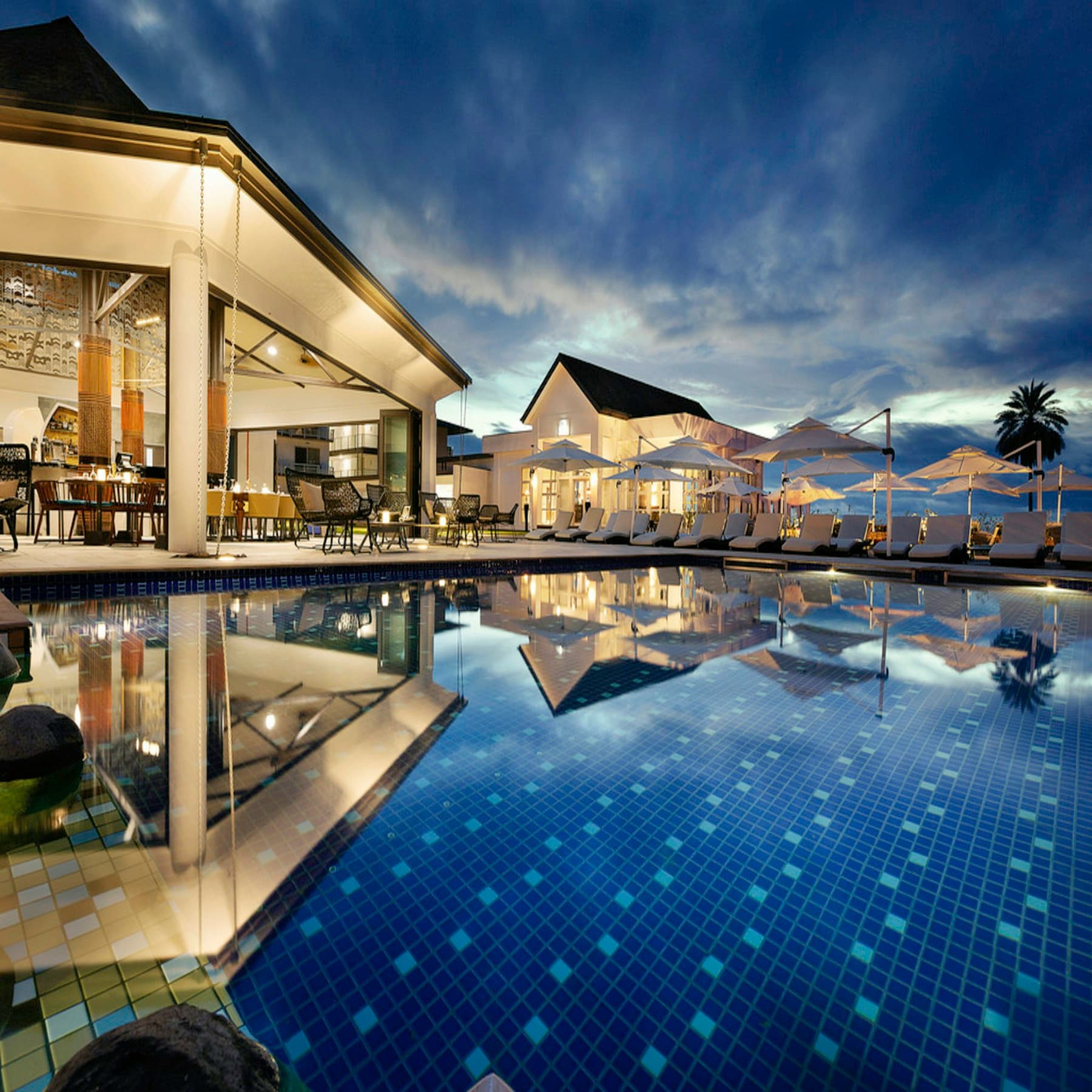 The outdoor pool at dusk